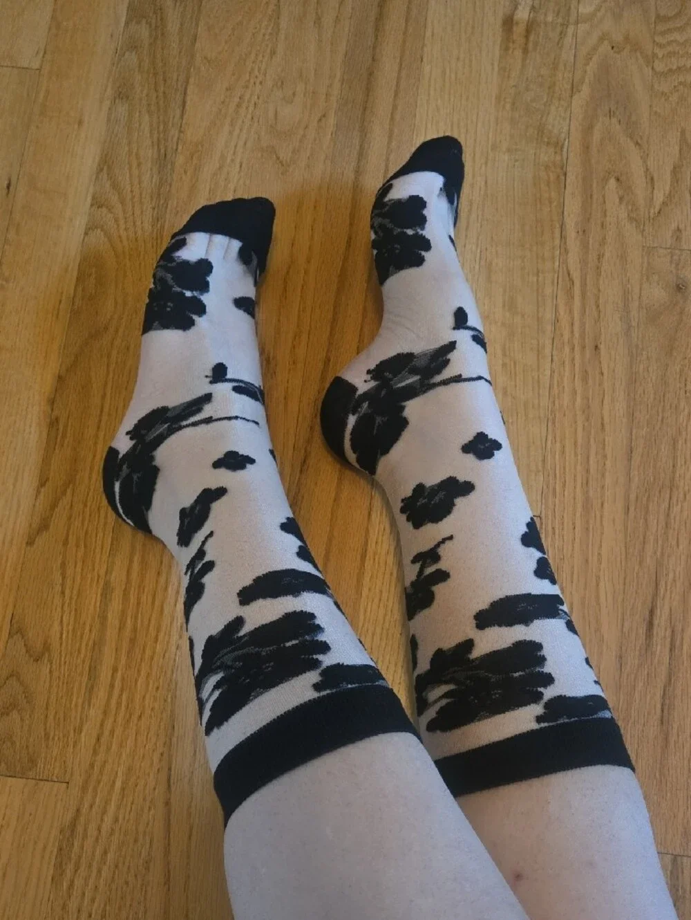 Women's Black And Sheer Floral Nylon Socks